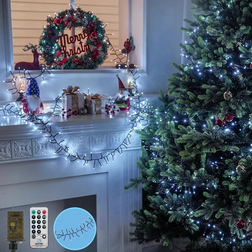 Vista 9 de Tira de luces de Navidad conectables de 100 LED de 42 pies, 13 modos, para interiores y exteriores, cable verde extensible, luces blancas frías