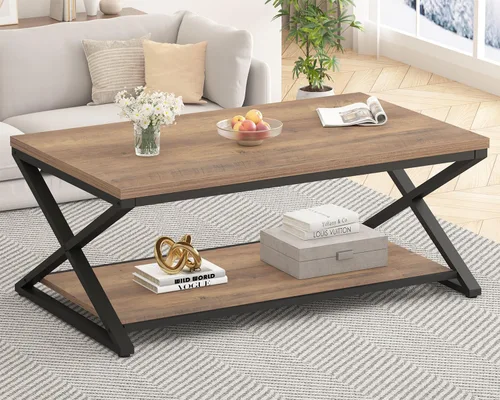 Vista 15 de HSH Mesa de sala de estar de madera de metal minimalista moderna negra con estante de almacenamiento, mesa central rectangular de 39 pulgadas y 2