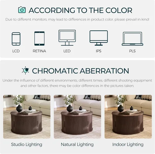 Vista 32 de LINSY HOME Mesa auxiliar redonda, mesa de centro de tambor de 31.5 pulgadas con puerta corrediza de tambor, mesa central acanalada con Roble