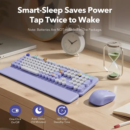 Vista 6 de Combo de teclado y mouse inalámbricos, teclado retro con teclas redondas, teclado estilo máquina de escribir de tamaño completo con reposamuñecas