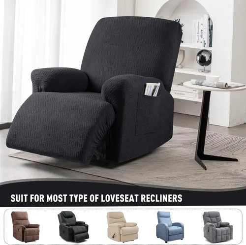 Vista 5 de KinCam Fundas para Reclinables, Fundas Elásticas para Sillas Reclinables, Fundas para Sofá Reclinable con Rayas Jacquard, Fundas Protectoras de Negro