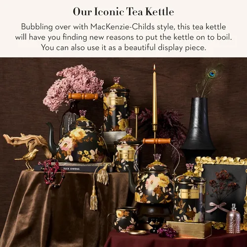 Vista 2 de MACKENZIE-CHILDS Tetera de Esmalte, Tetera Bonita para Estufa, 2 Cuartos, Rosa Silvestre Marrón
