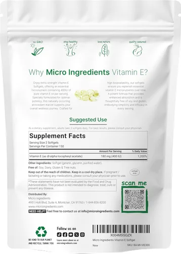 Vista 2 de Micro Ingredients Vitamina E 400IU, 300 cápsulas blandas Píldoras de aceite de vitamina E pura Suplementos antioxidantes para la piel, la cara