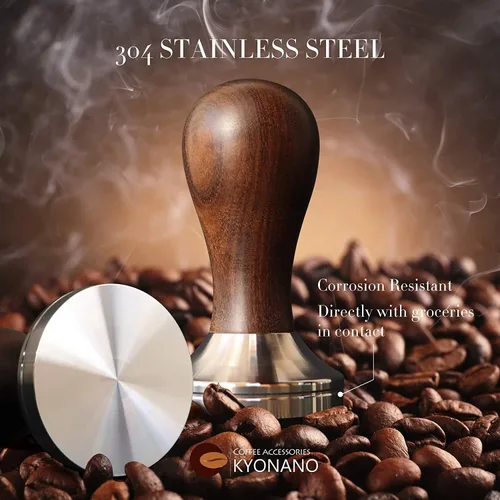 Vista 5 de KYONANO Espresso Tamper 2.008 in – Tamper con mango de madera Chacate Preto – Tamper de café más jarra de espuma de leche 11.8 fl oz y alfombrilla