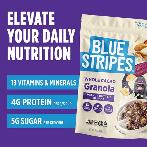 Vista 3 de Blue Stripes Granola de cacao entero con mantequilla de maní y plátano, 8 onzas