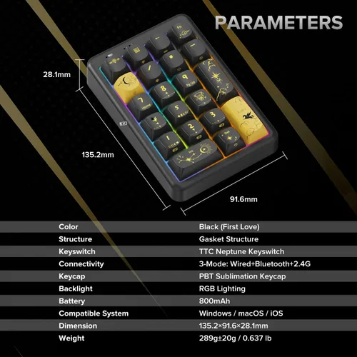 Vista 6 de NumberPad, teclado numérico inalámbrico Bluetooth 5.0/2.4G/Tipo-C, teclado numérico inalámbrico de 21 teclas, teclado numérico recargable, Negro
