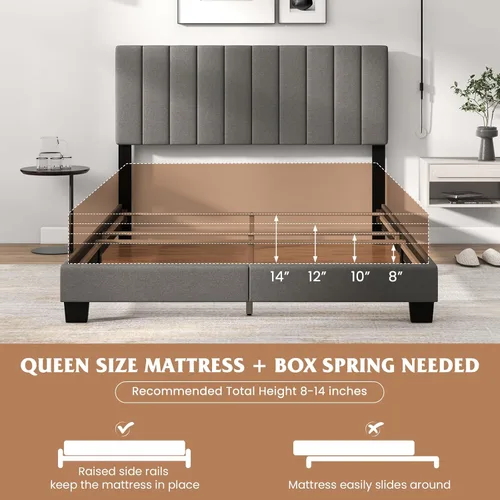 Vista 7 de Giantex Base de cama de plataforma tamaño Queen, necesita somier, base de colchón tapizada moderna con cabecera de tela de lino, patas de madera