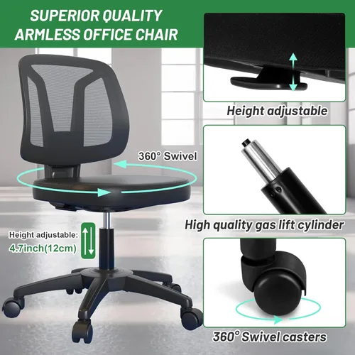 Vista 5 de Silla de oficina giratoria sin brazos de escritorio sin brazos de altura ajustable y soporte lumbar para el hogar