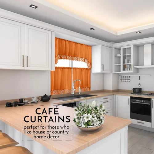 Vista 2 de American Linen Cortinas de café para cocina, cortinas de baño con cenefa, borde de encaje bordado. (naranja)